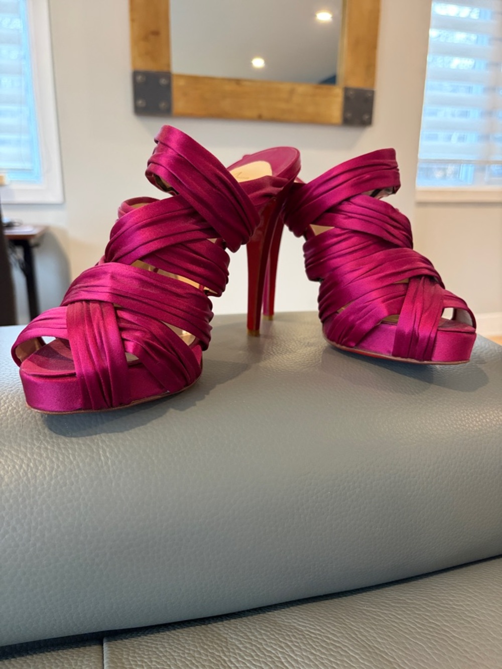 Christian Louboutin Magenta Satin Strappy Platform Heels